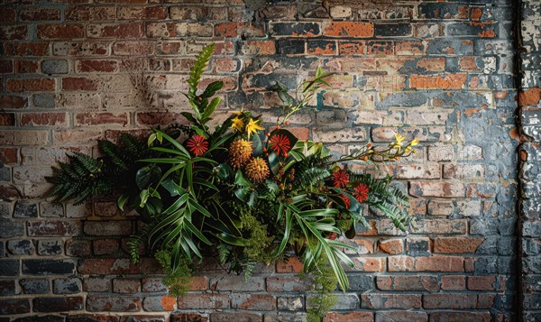 Colorful flowers arranged against an old brick wall, bringing life to the scene AI generated