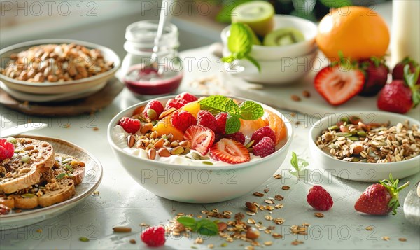 Yogurt bowl topped with fresh fruits, granola, and a sprig of mint AI generated