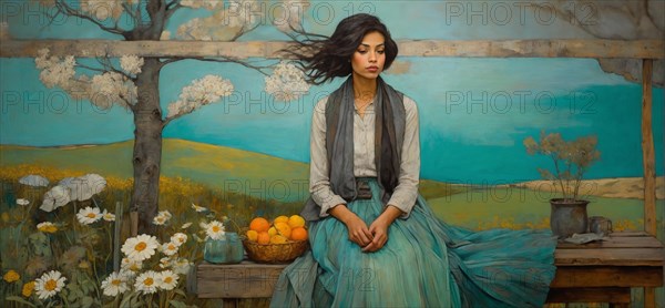 A woman sits by a wooden table with orange fruit, surrounded by white flowers, AI generated