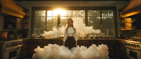 Woman contemplatively standing in a steaming dark lab with dramatic backlit windows, AI generated
