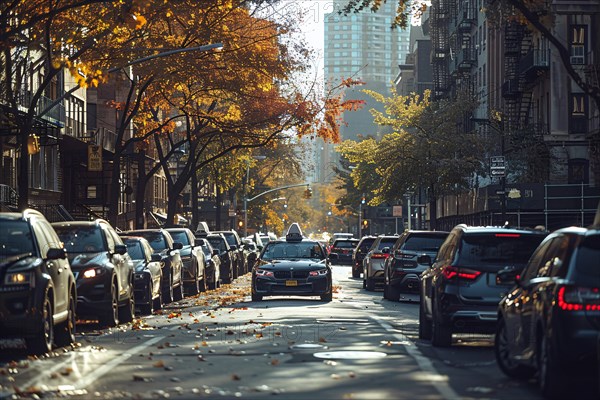 City street lined with parked cars, covered with fall leaves during a tranquil autumn golden hour, AI generated