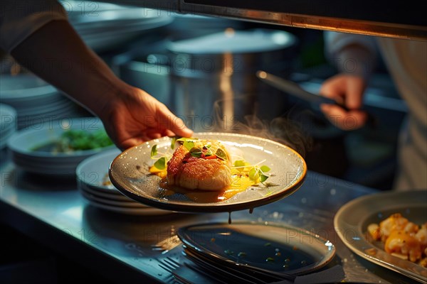 Chef plating a gourmet dish in a restaurant with focused lighting, AI generated