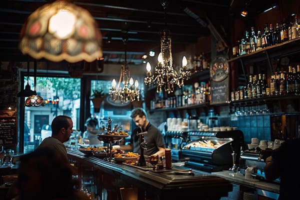 A cozy bar scene with dim lighting and chandeliers, bartender attending to drinks, AI generated