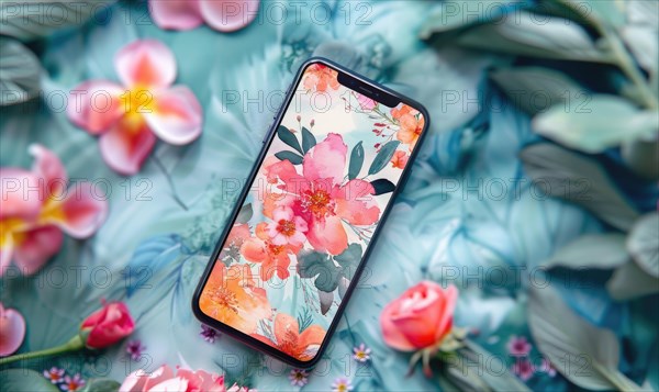 Smartphone mockup on watercolor floral patter AI generated