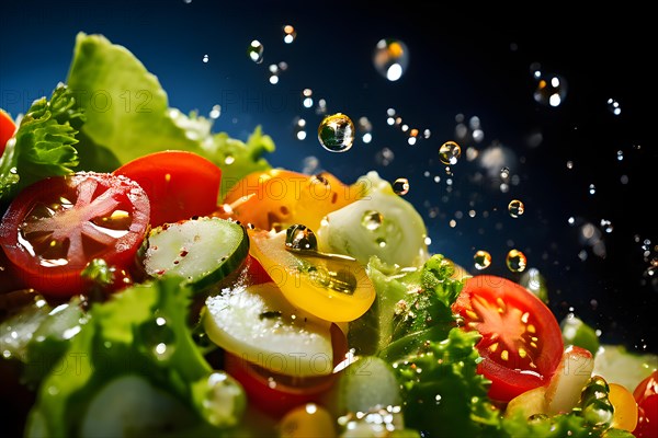 Zesty salad dressing cascading onto a vibrant vegetable medley, AI generated