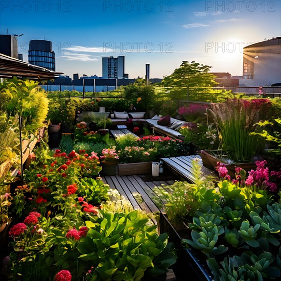 Urban rooftop garden brimming with verdant plants blossoming flowers embodying a sustainable city, AI generated