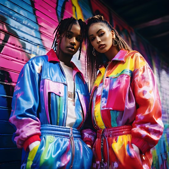 90s fashion collection including overall neon windbreakers tie dye shirts arrayed against a vibrant grafiti wall, AI generated