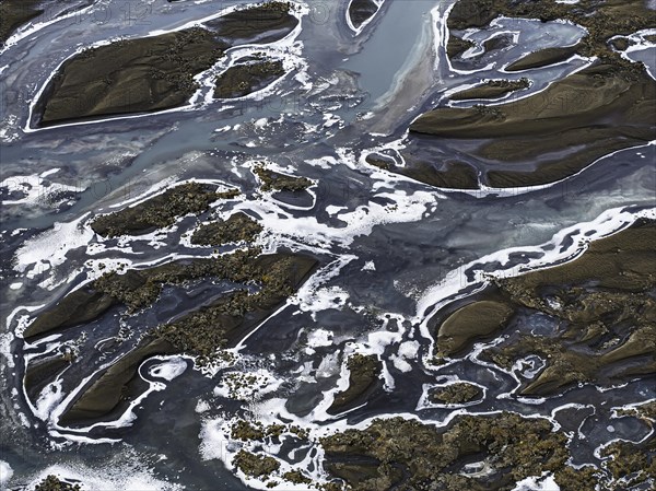 Overgrown river landscape, Fjallabak Nature Reserve, drone shot, Sudurland, Iceland, Europe