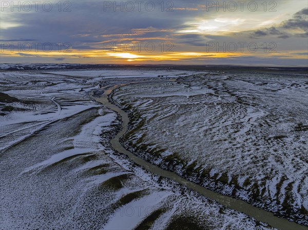 Overgrown river landscape, onset of winter, sunset, Fjallabak Nature Reserve, drone shot, Sudurland, Iceland, Europe
