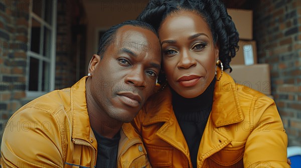 A smiling mature adult african american couple wearing matching orange jackets showing affection and companionship, AI generated