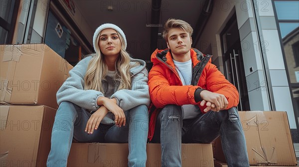 A young caucasian frustrated couple sitting among moving boxes, symbolizing relocation or move to a new home, AI generated