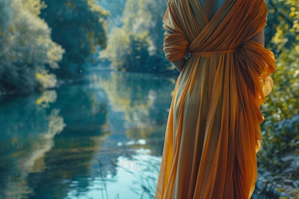 Serene riverside setting with a person in an elegant orange dress, exuding calmness, AI generated