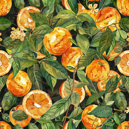 Watercolor seamless pattern with detailed oranges and fruits in a rich and vibrant arrangement AI generated