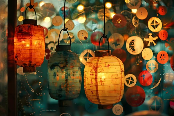 Whimsical lanterns among buttons and peace symbols with warm bokeh lighting, illustration, AI generated