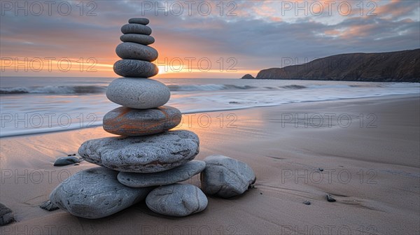 Balanced rock tower on a beach against a sunset backdrop, image depicting relaxation, recreation, serenity, naturalness, meditation, enjoyment concepts, AI generated