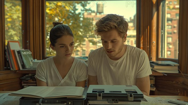 A young man and woman studying together with a vintage typewriter and books around, AI generated