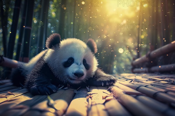 Cute panda cub in a lush bamboo grove, The image showcases the beauty and serenity of nature and wildlife. Endangered species, AI generated