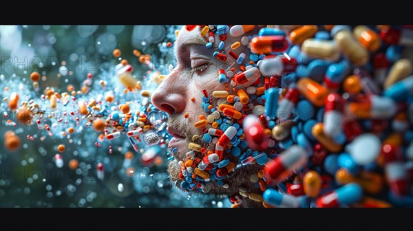 A close-up of a face with vibrant colored pills and capsules floating around, creating a surreal atmosphere, AI generated