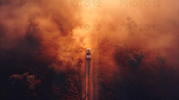 A car driving through a dense, surreal forest haze caused by a nearby fire under an orange sky, drone aerial view, follow mode, AI generated