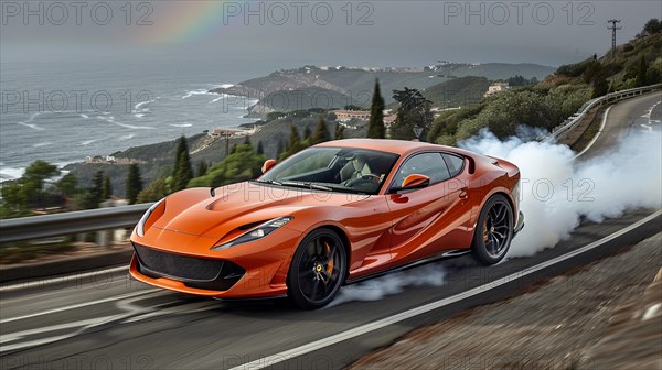 Red muscle car performing a burnout on a coastal road with smoke, near the sea, while rainbow appears in the sky, AI generated