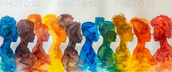 A watercolor gradient of multiple silhouettes from blue to red representing diversity, banner 3:1 wide style, horizontal aspect ratio, AI generated