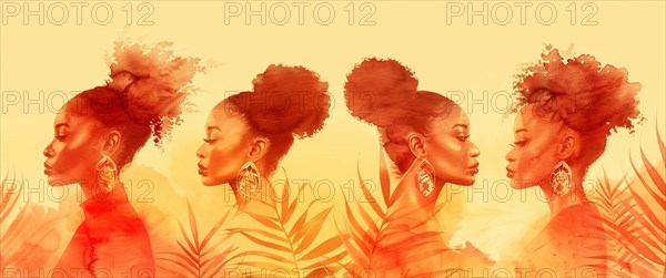 Semi-transparent profiles of women with afro hair in red tones among tropical leaves evoking serenity and harmony, banner 3:1 wide style, horizontal aspect ratio, AI generated