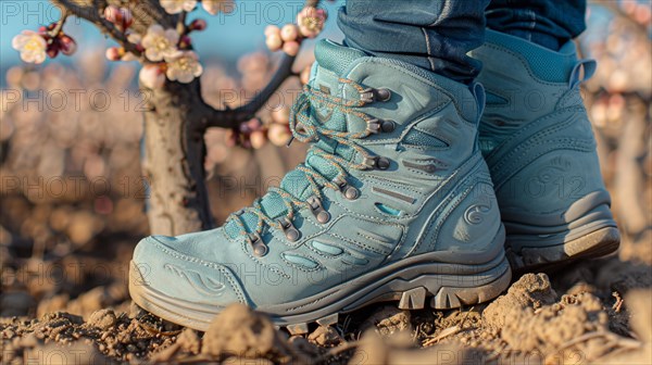 Blue hiking boots standing among blooming flowers, reflecting solitude and the tranquility of nature, AI generated
