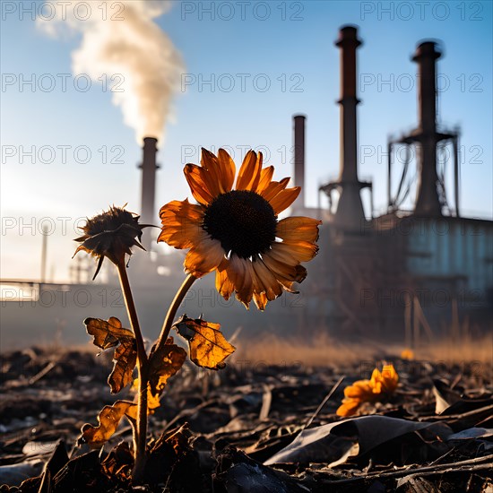 Wilted flower against a backdrop of industrial smokestacks, AI generated