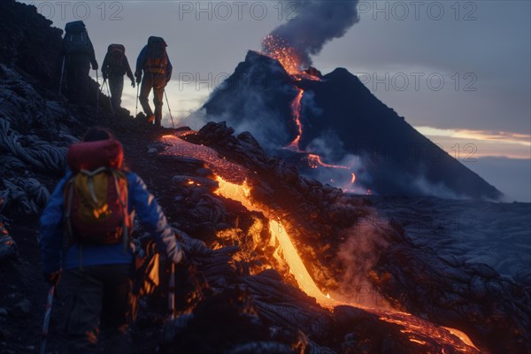 Tourists, hiking group, expedition, onlookers on the way to an active volcano, surrounded by hot, partially cooled lava flows, symbolic image for volcano tourism, disaster tourism, travel trends and the associated dangers, AI generated, AI generated, AI generated