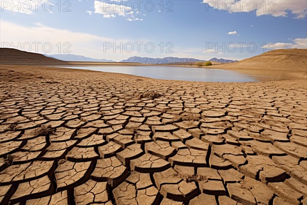 Cracked earth with dried up lake in background. Water shortage and global warming concept. KI generiert, generiert, AI generated
