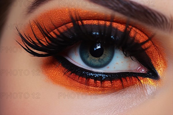 Close up of woman's eye with bright orange eyeshadow makeup and dark black eyelashes. KI generiert, generiert, AI generated