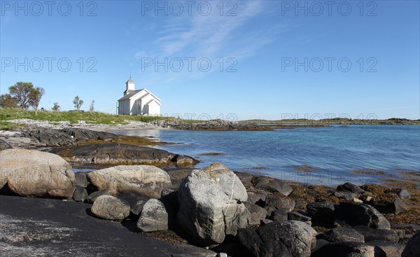 Lonely church on the beach near Leknes on the Lofoten Islands, Norway, Scandinavia, Europe