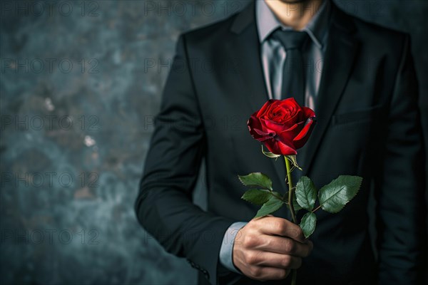 Man in elegant black suit holding romantic single red rose in front of dark studio background. KI generiert, generiert, AI generated