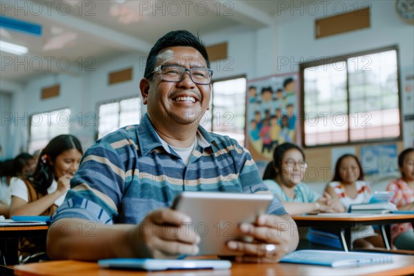 A middle-aged man sits with a digital tablet in a course room, training room, symbol image, digital teaching, learning environment, adult education centre, course, training course, learning in old age, media skills in old age, eLearning, media education, AI generated, AI generated, AI generated