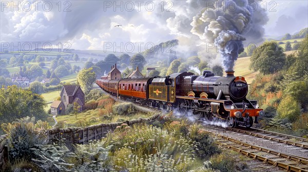 A vintage steam train chugs through the countryside under an overcast sky with smoke billowing, ai generated, AI generated