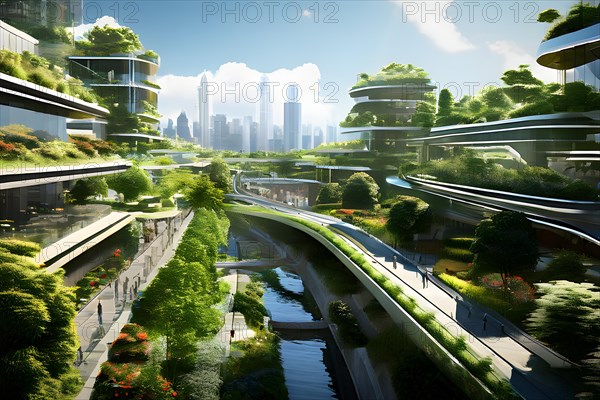 Cityscape designed with pedestrian priority elevated walkways intersect with verdant greenbelts, AI generated