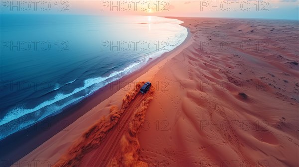 SUV driving along the coastline by desert dunes at dusk, action sports photography, AI generated
