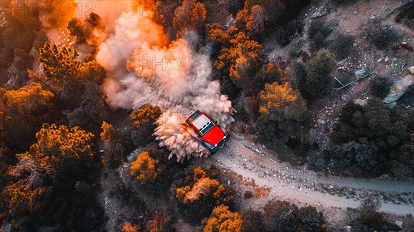 A red car on a dusty trail in the middle of a forest, with smoke or dust rising, action sports photography, AI generated