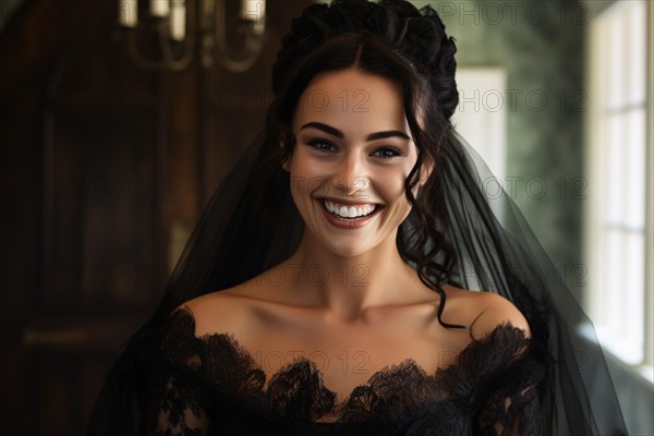 Smiling beautiful woman in black gothin wedding dress with veil. KI generiert, generiert, AI generated
