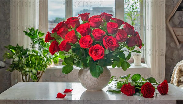 A large bouquet of red roses in a vase, stands on the table in the flat, AI generated, AI generated