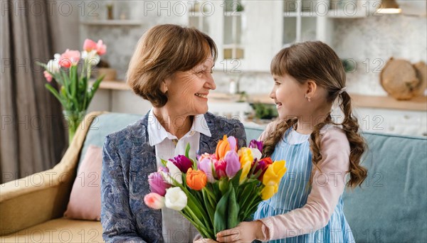 Grandmother and granddaughter smiling at a bouquet of tulips in the living room, AI generated, AI generated