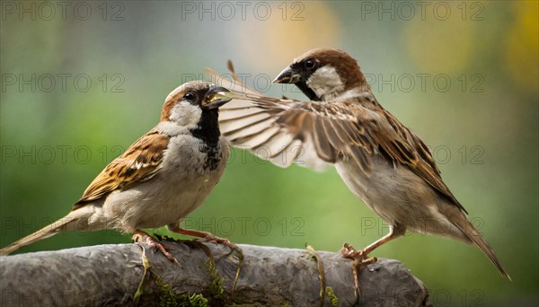 Animals, bird, sparrow, house sparrow, Passer domesticus, two sparrows fighting, AI generated
