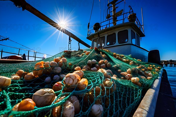 Commercial fishing net cascading onto the dock overflowing with caught shrimp fish and incidentally bycatch, AI generated, deep sea, fish, squid, bioluminescent, glowing, light, water, ocean