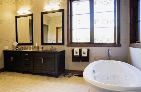 Wooden vanities and freestanding oval bathtub in main bathroom in extension inside luxurious log cabin home, Quebec, Canada, North America