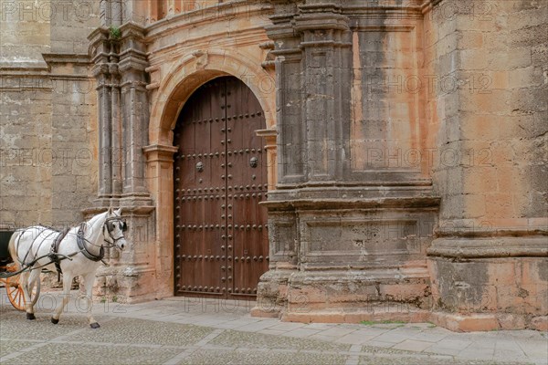 A horse-drawn carriage with a white horse drives past the door of a church with an imposing stone facade