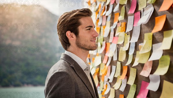 A smiling man in a suit stands in front of a wall with many colourful post-its, symbol bureaucracy, AI generated, AI generated