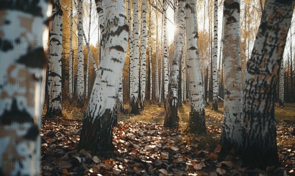 Golden autumn light filters through a serene birch forest with a carpet of fallen leaves AI generated