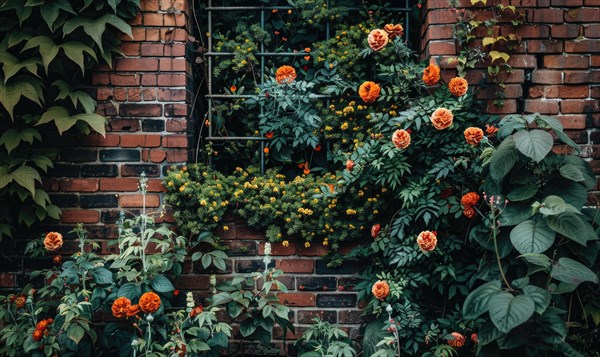 A lush window with ivy overgrowth on a brick wall AI generated