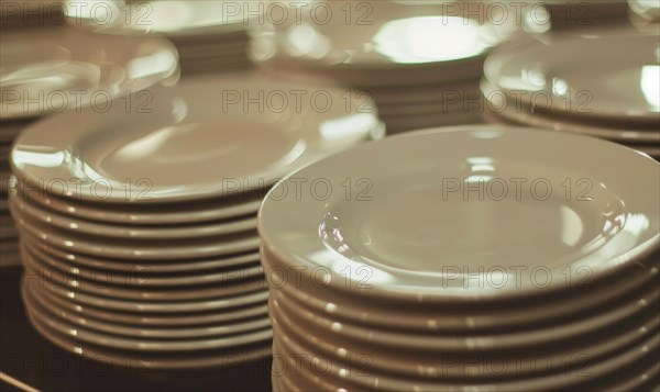Stacked ceramic plates with a brownish tone give a clean and organized impression in a kitchen AI generated