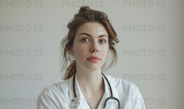A healthcare worker in a white coat stands against a plain backdrop, looking contemplative AI generated
